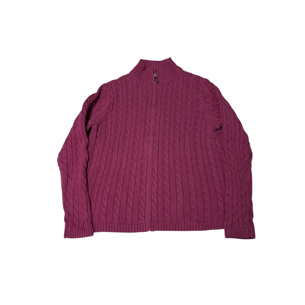 LLBean Cable Knit‎ Full Zip Mock Neck Sweater Magenta Cotton Size L